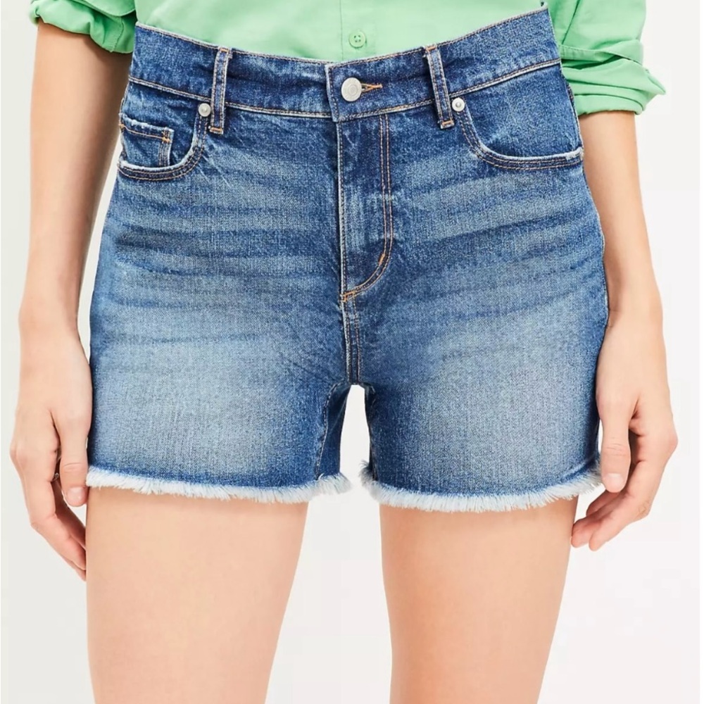 LOFT Blue Jean Shorts with Frayed Hem and Mid-Thigh Length